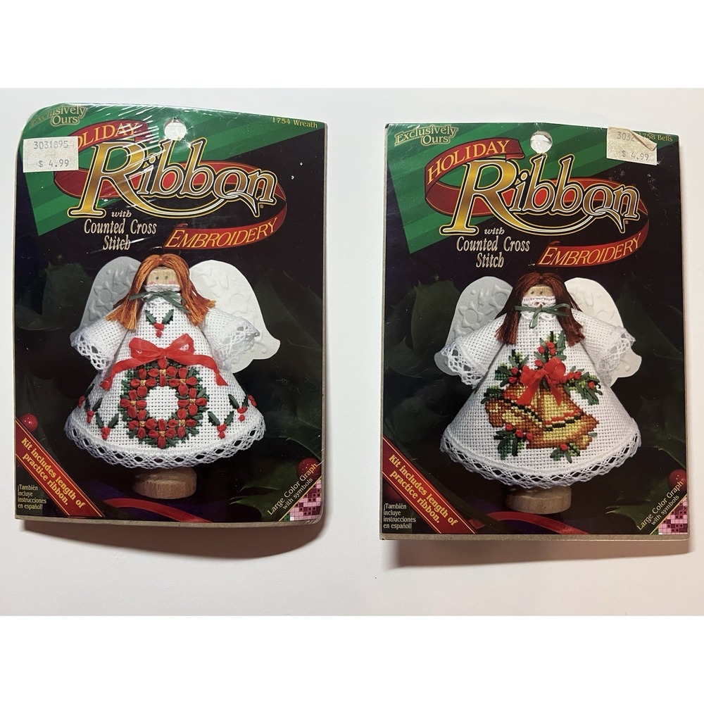 Vtg Holiday Ribbon Angel Clothespin Counted Cross Stitch WREATH & BELLS Sealed